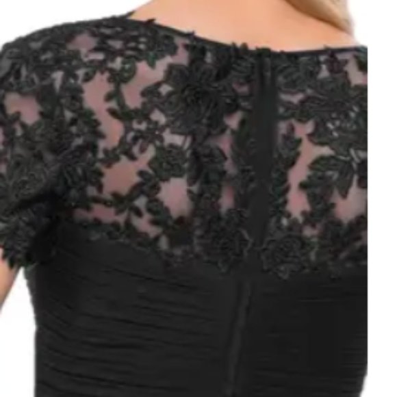 LA FEMME FLORAL EMBELLISHED SHEER SHORT SLEEVE BLACK GOWN sz 16 - Picture 4 of 5
